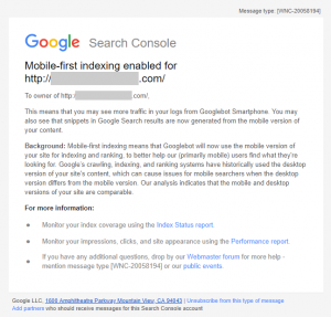 Google Search Console Mobile First Index Notification