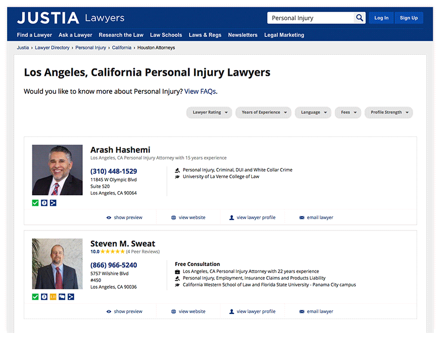Filter Listings on the Justia Lawyer Directory