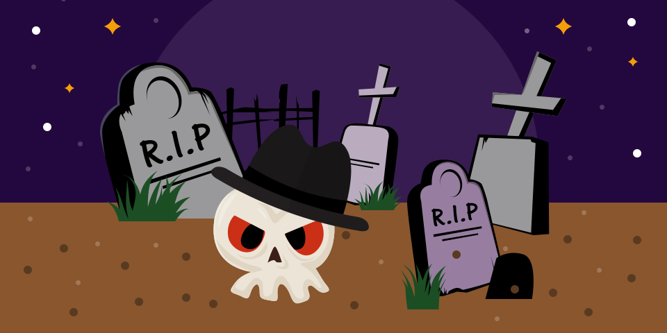 Ghost wearing a black fedora in a graveyard