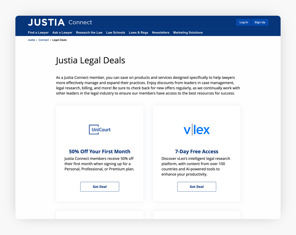 Justia Legal Deals Screen