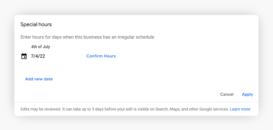 Google Business - Special Hours