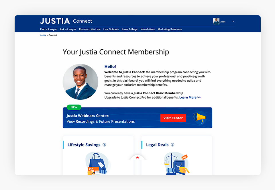 Justia Connect Membership Screenshot