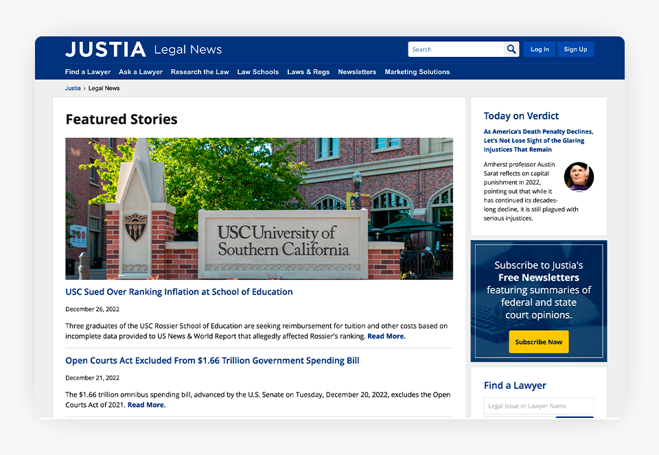 Justia Legal News Featured Stories Screenshot