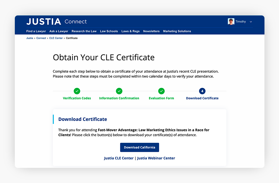 Obtain Your CLE Certificate Screen