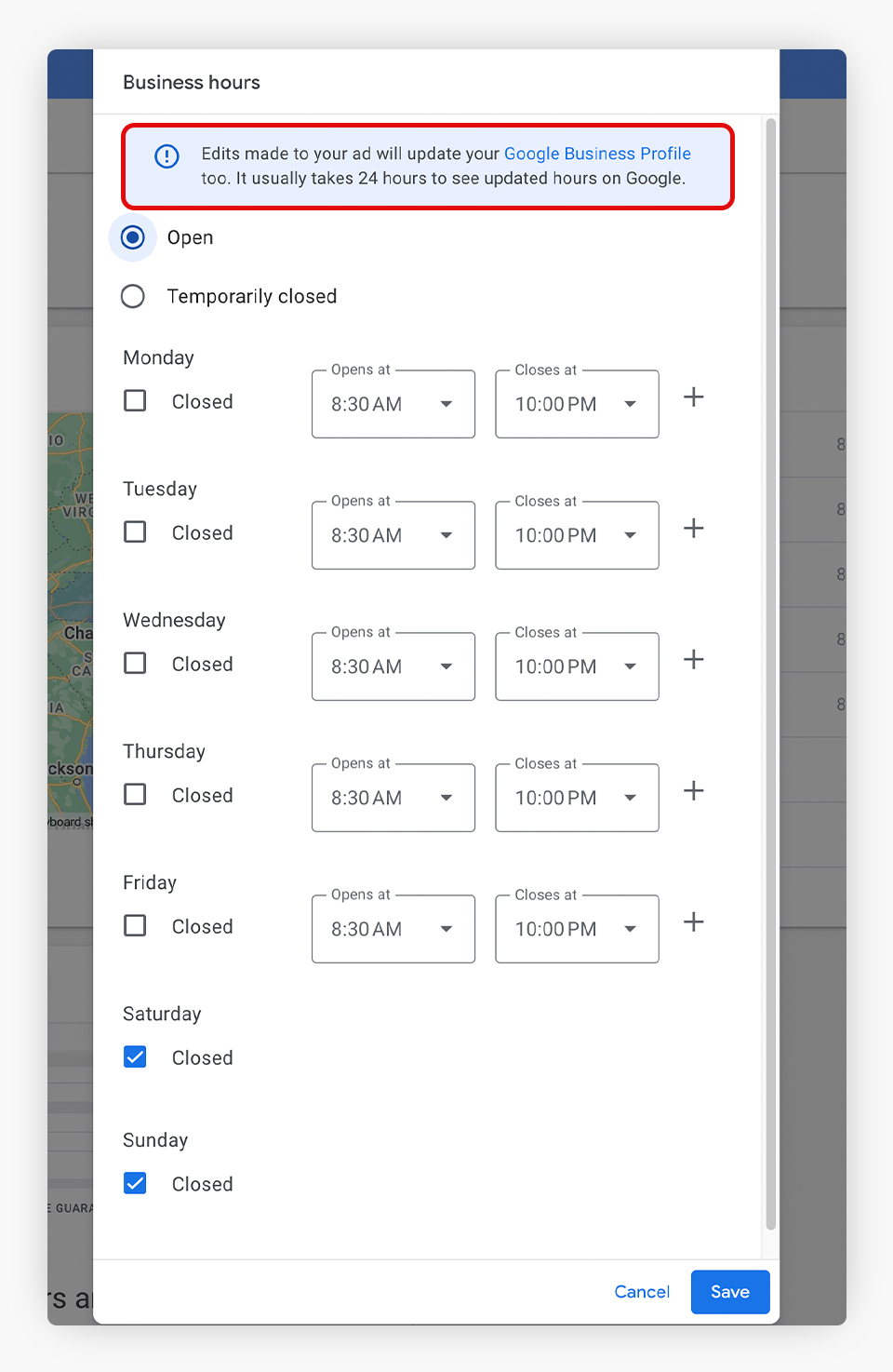 Business Hours Interface Image