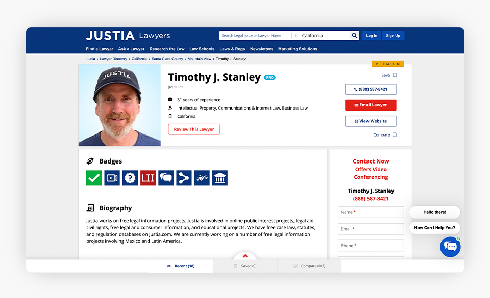 Enhanced Justia Lawyer Directory Profile