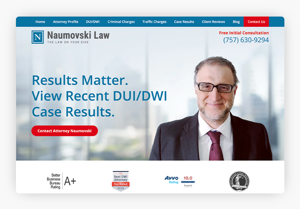 A law firm website with prominent, action-oriented calls to action