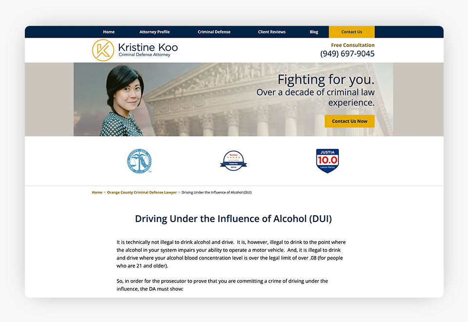 An internal practice area page (DUI) of a law firm website