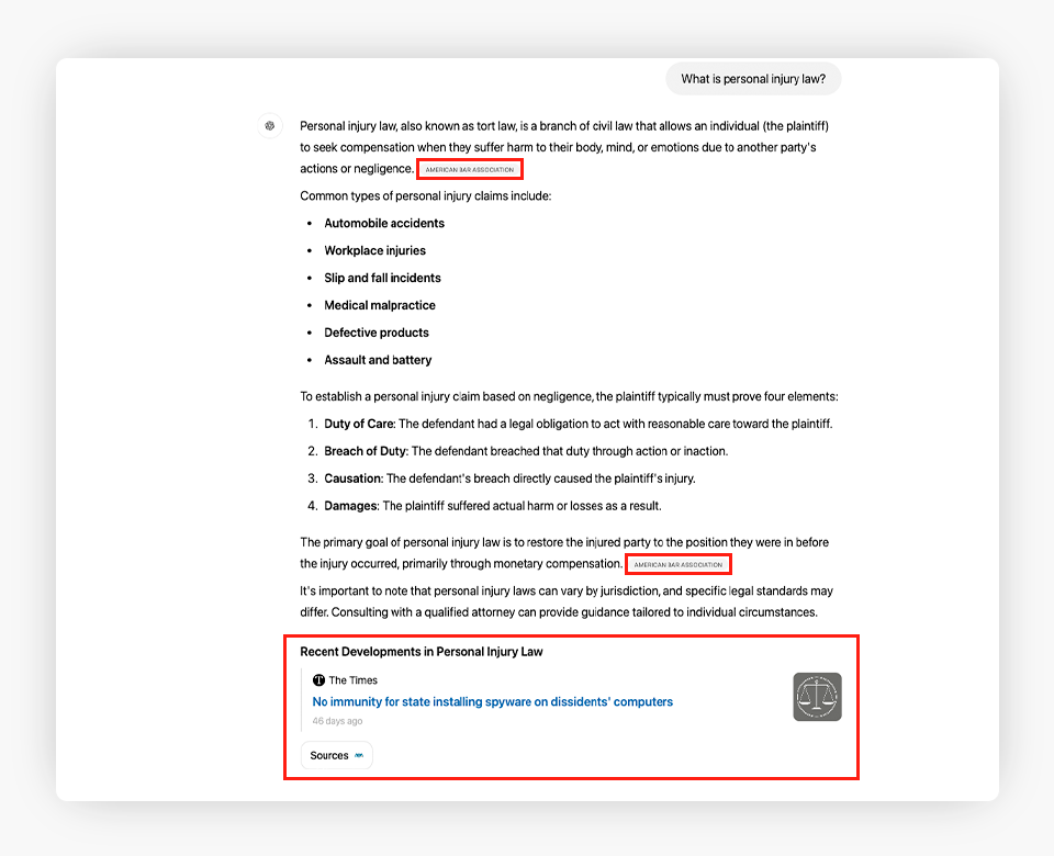 ChatGPT's answer to question about personal injury law