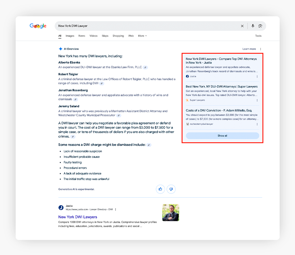 Google's AI Overview search results for New York DWI Lawyer". Add a graphic element to highlight the links box