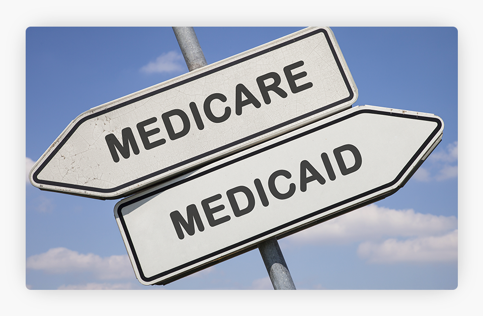 Two white directional signs with arrows and medicare related words