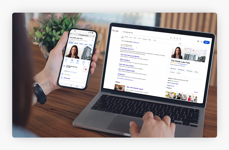 Person searching for a law firm on both desktop and on mobile.