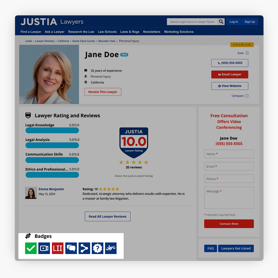 Highlight of the badges on a Justia Attorney's Profile.