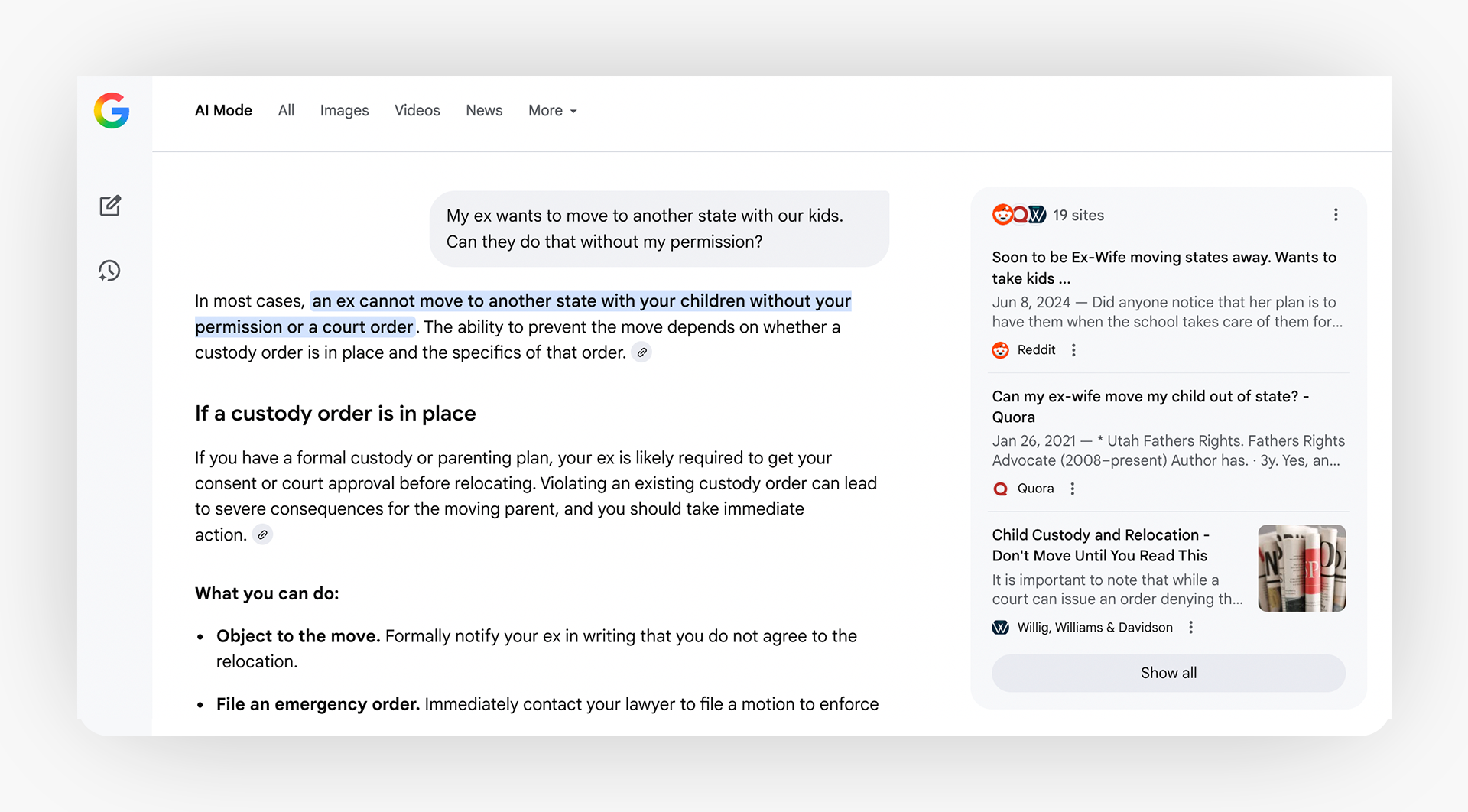 Screenshot of Google's AI mode highlighting important information that answers the question asked to it.