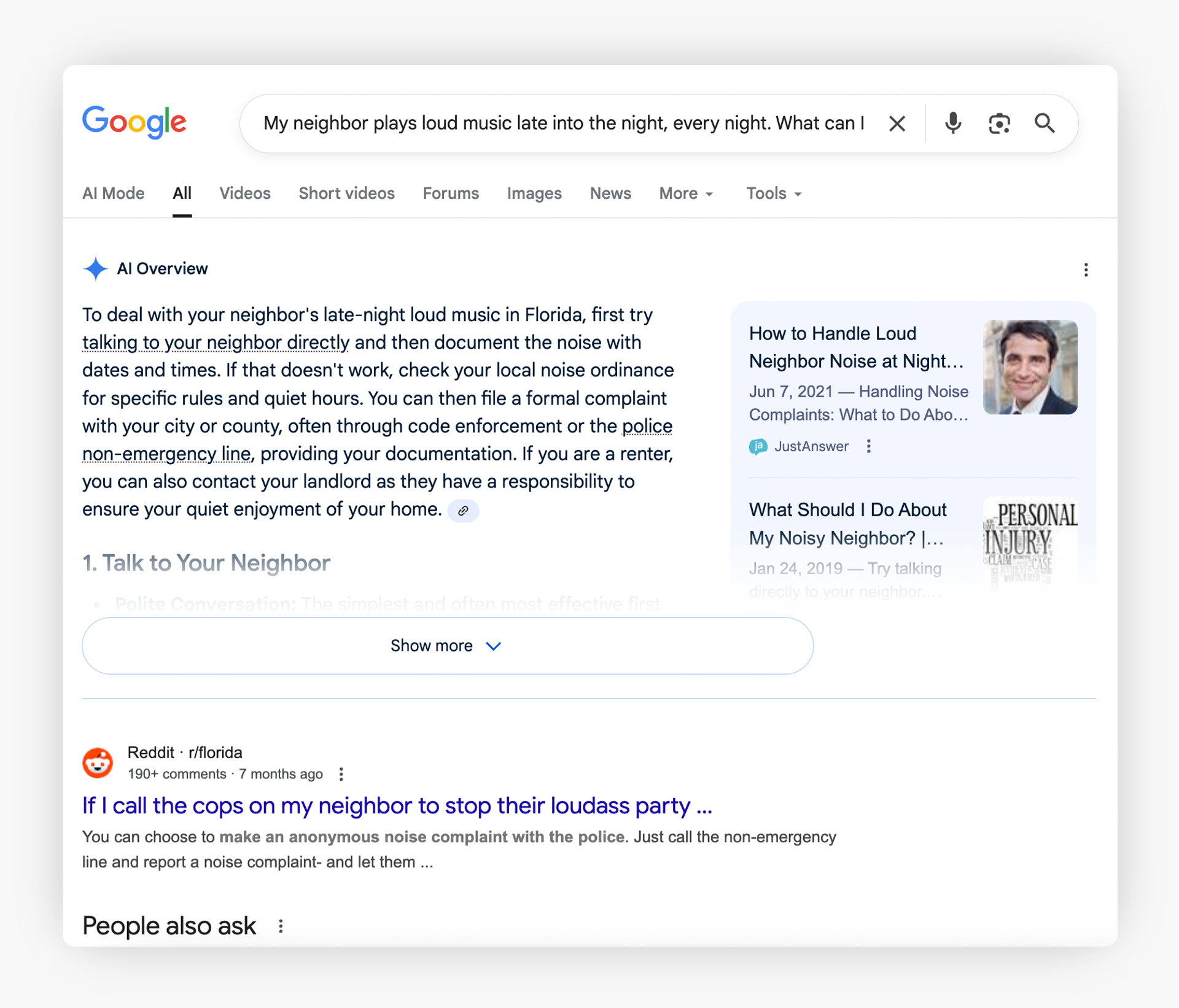 Screenshot of Google's AI overview feature answering a question asked via the search box on the browser.